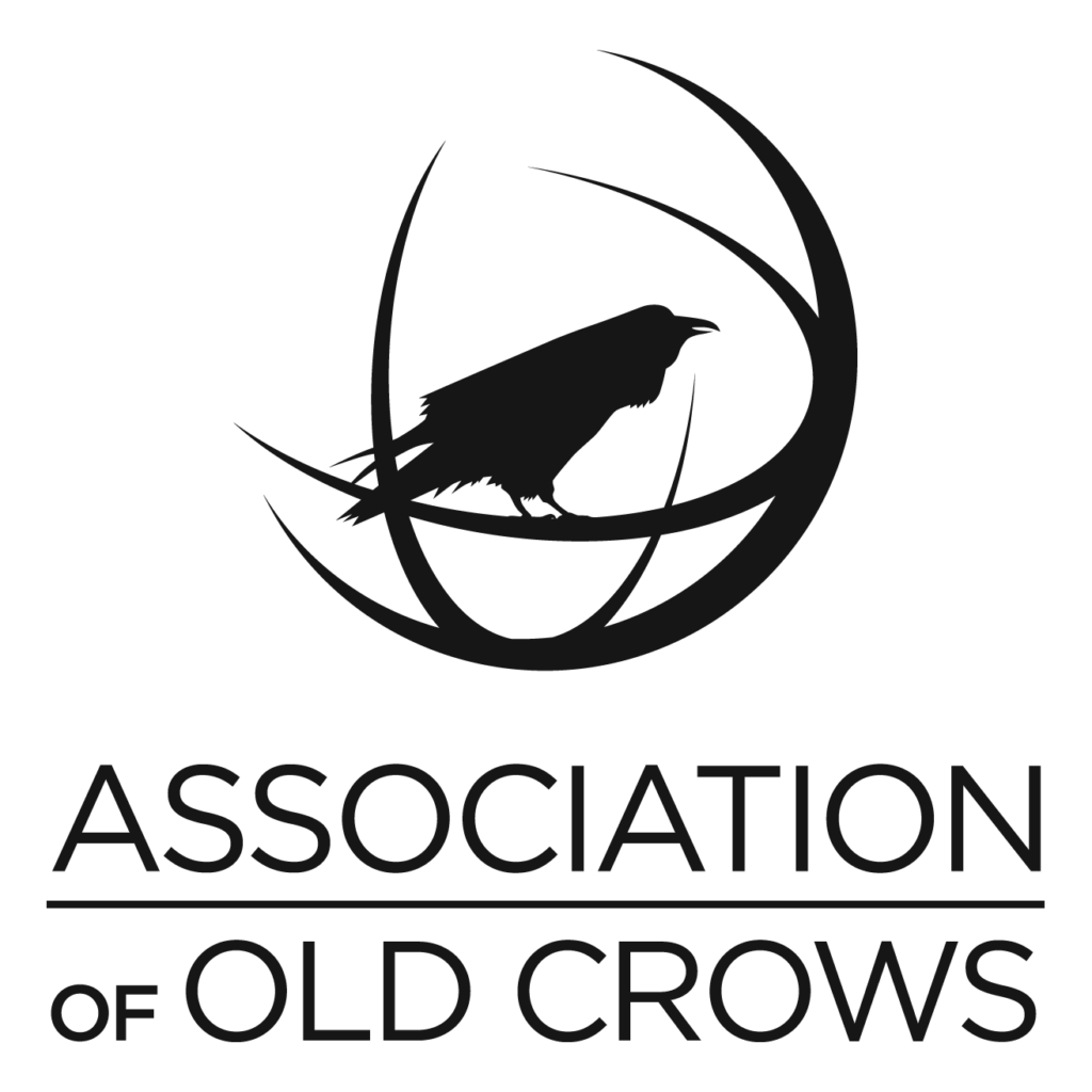 Black text that states "Association of Old Crows", with a graphic of a crow sitting in a half circle.