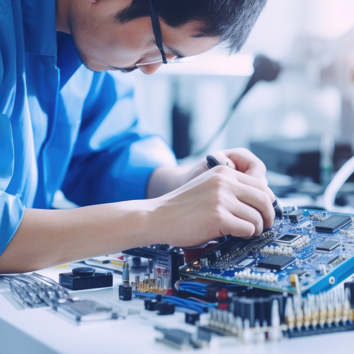A student works on a motherboard.